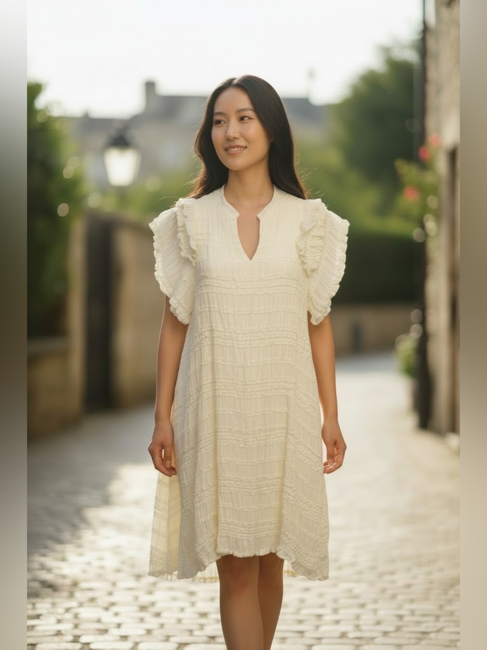 New In Cream Textured Smocked Ruffle Flutter Sleeve V-Neck Mini Dress